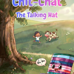 Illustrated book cover with a colourfull talking hat in the foreground and a girl and a cow playing on a peaceful meadow in the background