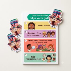 A WooCommerce product photo featuring the "Mijn Kalm Gids" alongside three custom stickers showing a cartoonised version of the childs drawing during the workshop